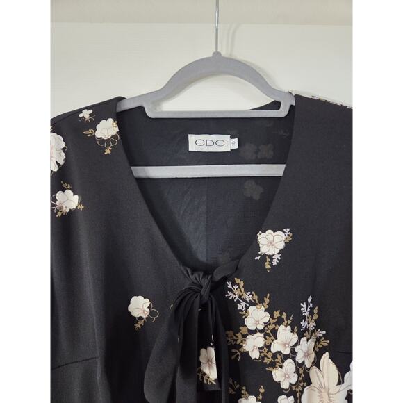 Vintage CDC Asian Floral Whimsigoth Dark Romantic Tie Neck Midi Dress, Size 10 - Picture 3 of 15